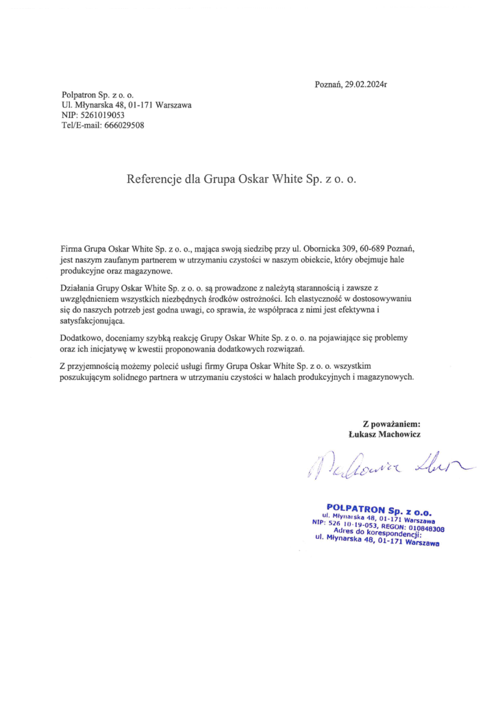 referencje dla oskar white - firma sprzątająca