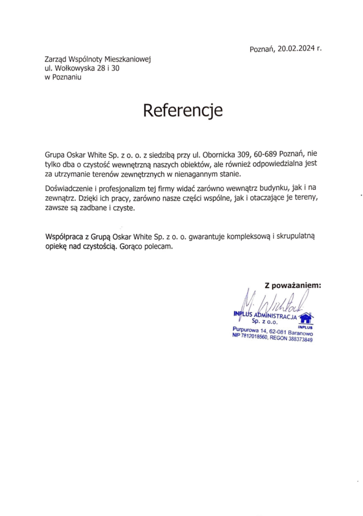 referencje dla oskar white - firma sprzątająca